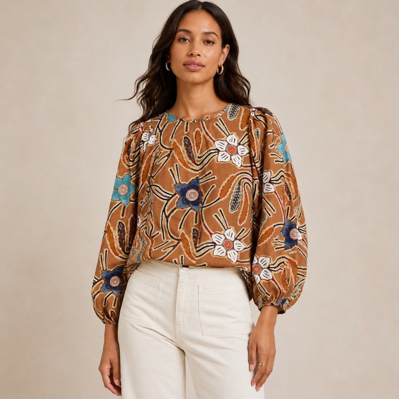 Ulla Johnson Tops - Ulla Johnson Silk Blouse 4 Brown Floral Puff Sleeve Boho Cottagecore Batik Top